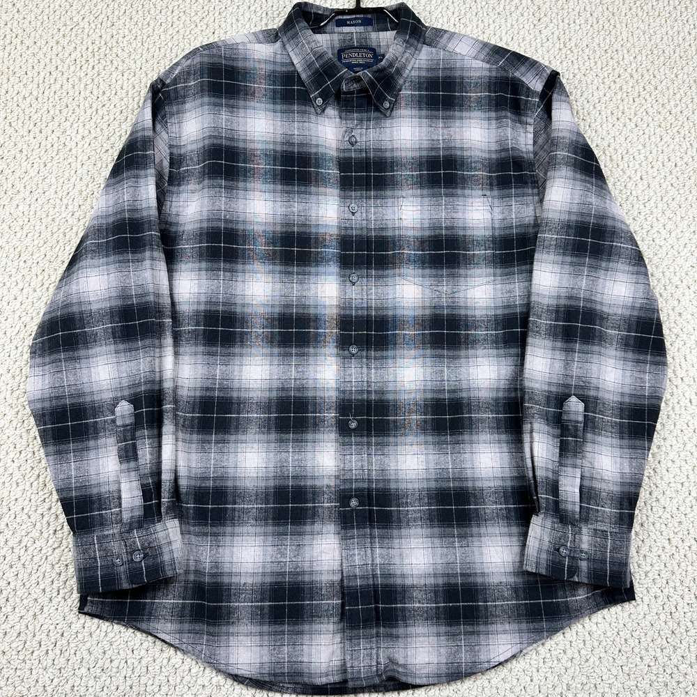 Pendelton Mason Shirt Mens XL Gray Black Plaid Button Down Flannel Long Sleeve